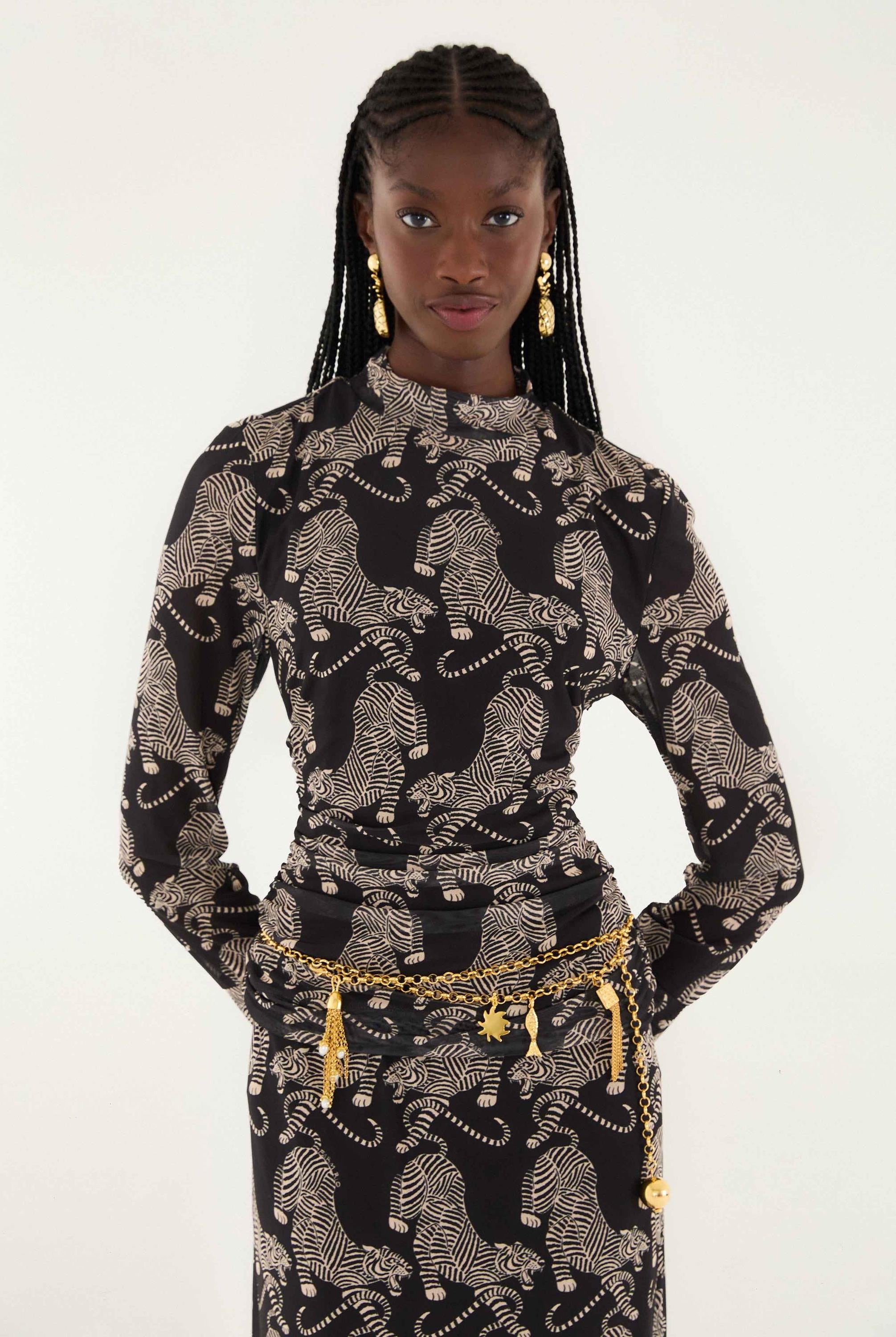 Striped Tigers Black Tulle Blouse