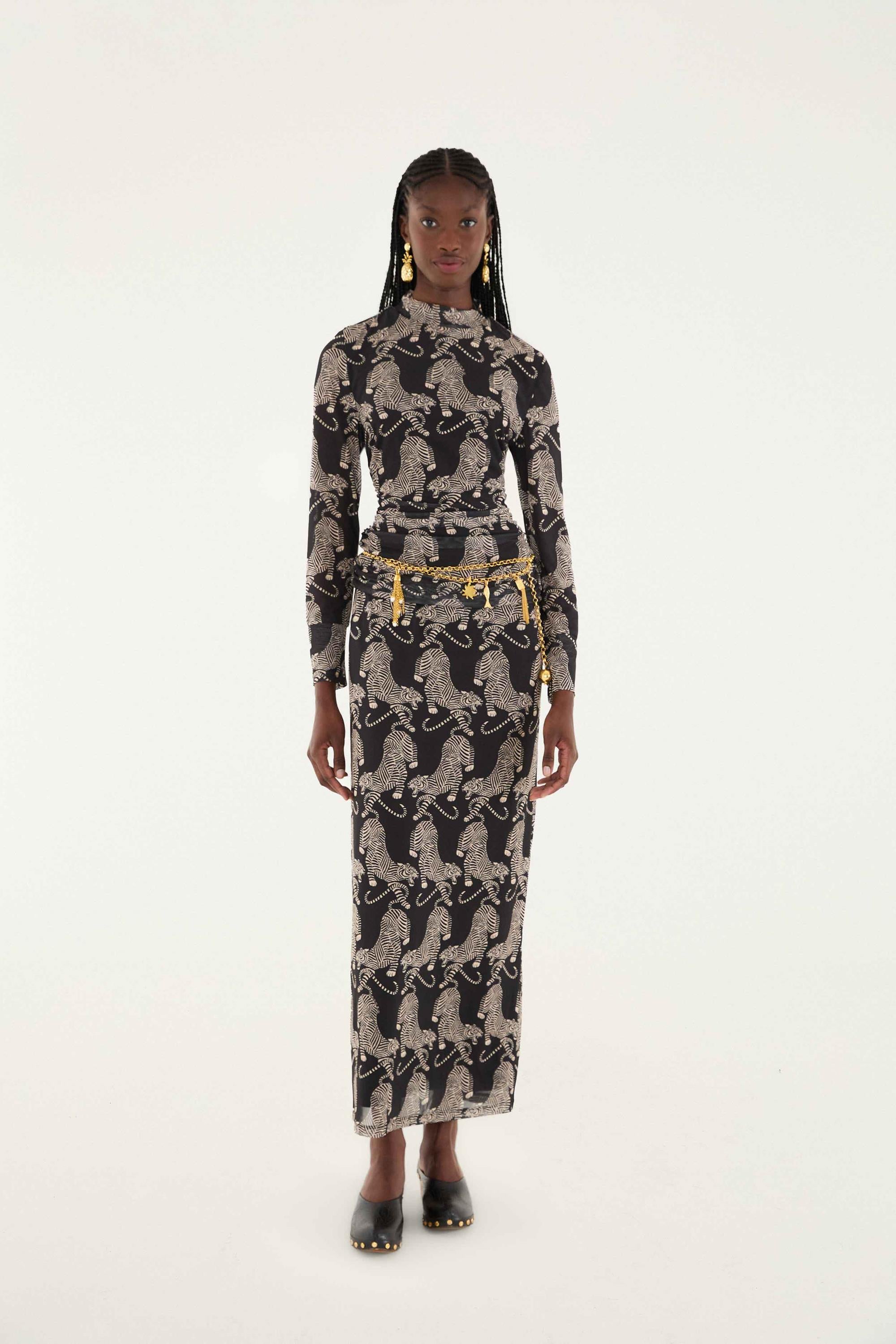 Striped Tigers Black Tulle Midi Skirt