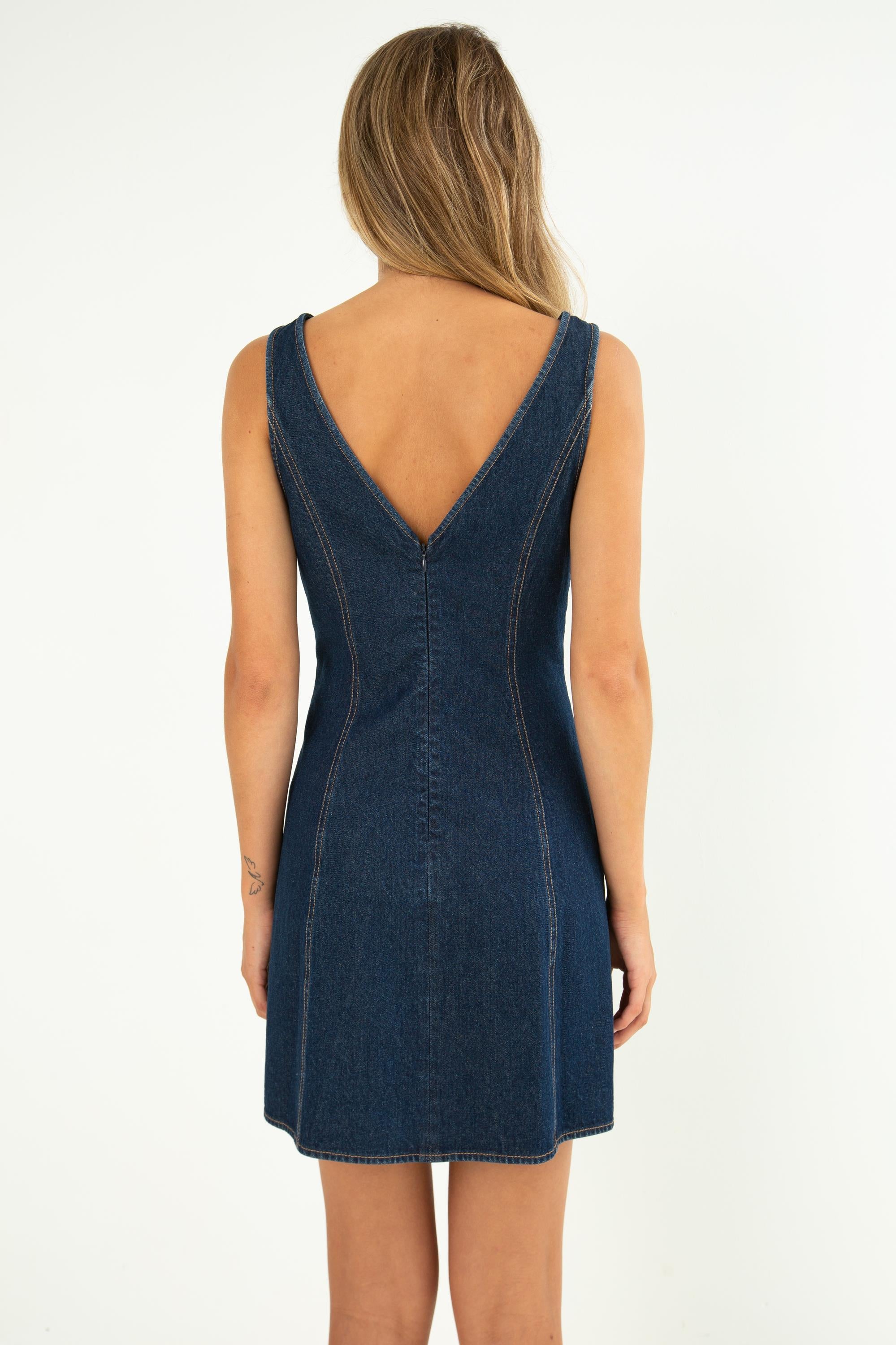 denim backless dress Medium Wash Button Up Backless Denim Halter Mini Dress