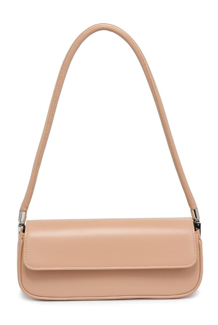 The Bailey by Urban Expressions is a beige, rectangular leather shoulder bag with a flap closure, single long strap, and minimalistic design featuring silver hardware at the strap attachments.