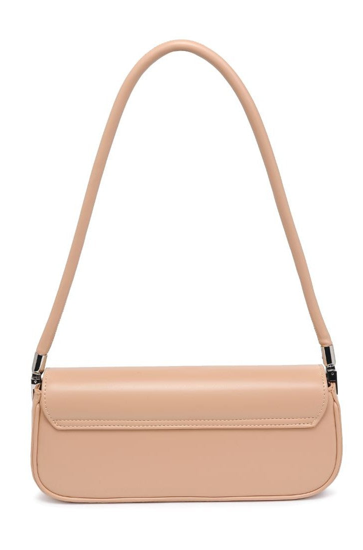 The Bailey by Urban Expressions is a beige, rectangular shoulder bag featuring a long, curved strap and flap closure, shown against a white background.