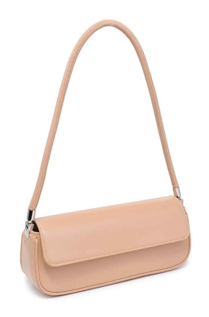 The Bailey by Urban Expressions is a beige rectangular shoulder bag with a long single strap, silver hardware, minimalist smooth design, and flap closure.