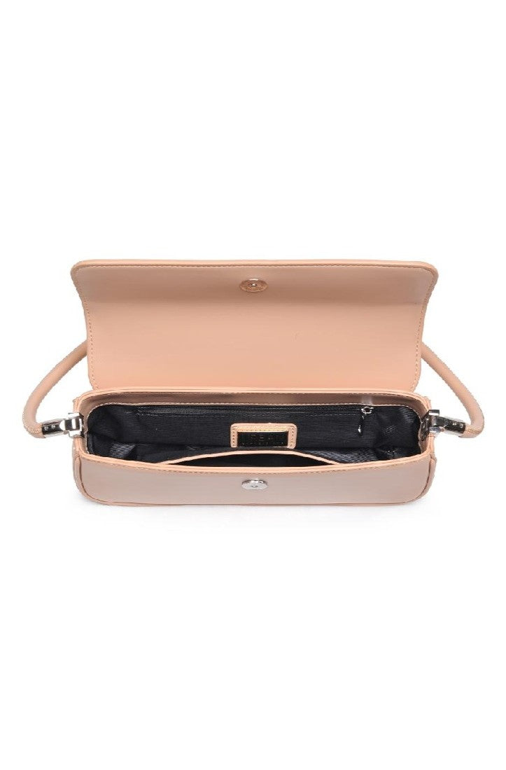 The Bailey by Urban Expressions is a beige shoulder bag featuring a flap opening to reveal a spacious black-lined interior with a small zip pocket.