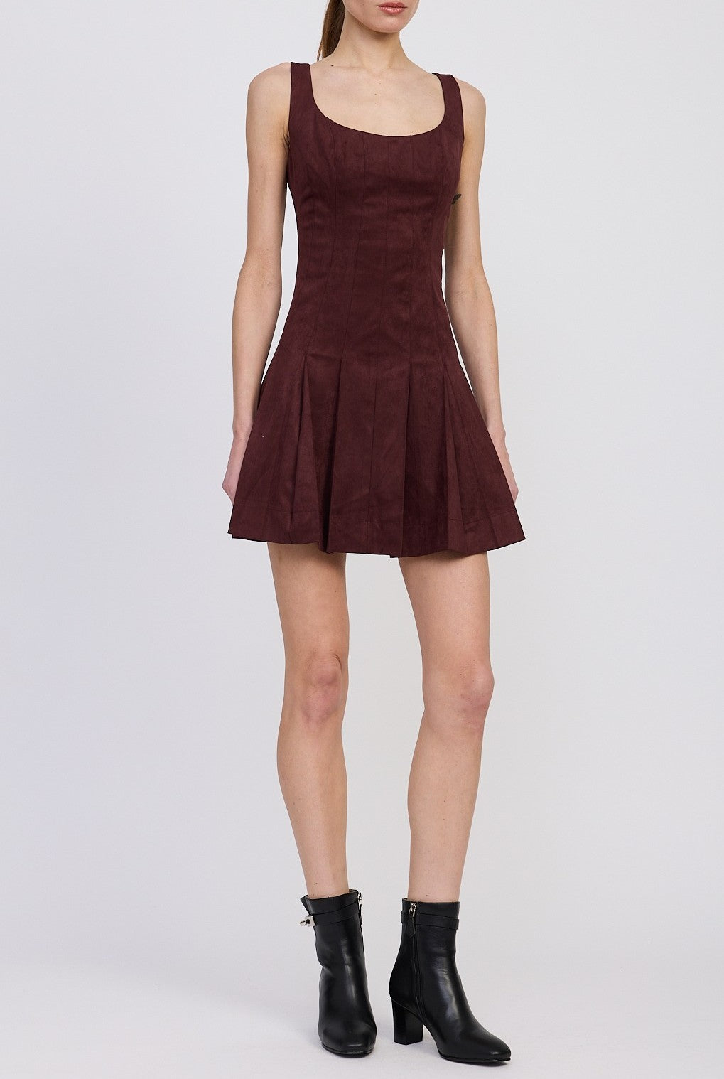 Women's Delphine Pleated A-line Mini Dress - Plum Brown - L Women's Delphine Pleated A-line Mini Dress - Plum Brown - L