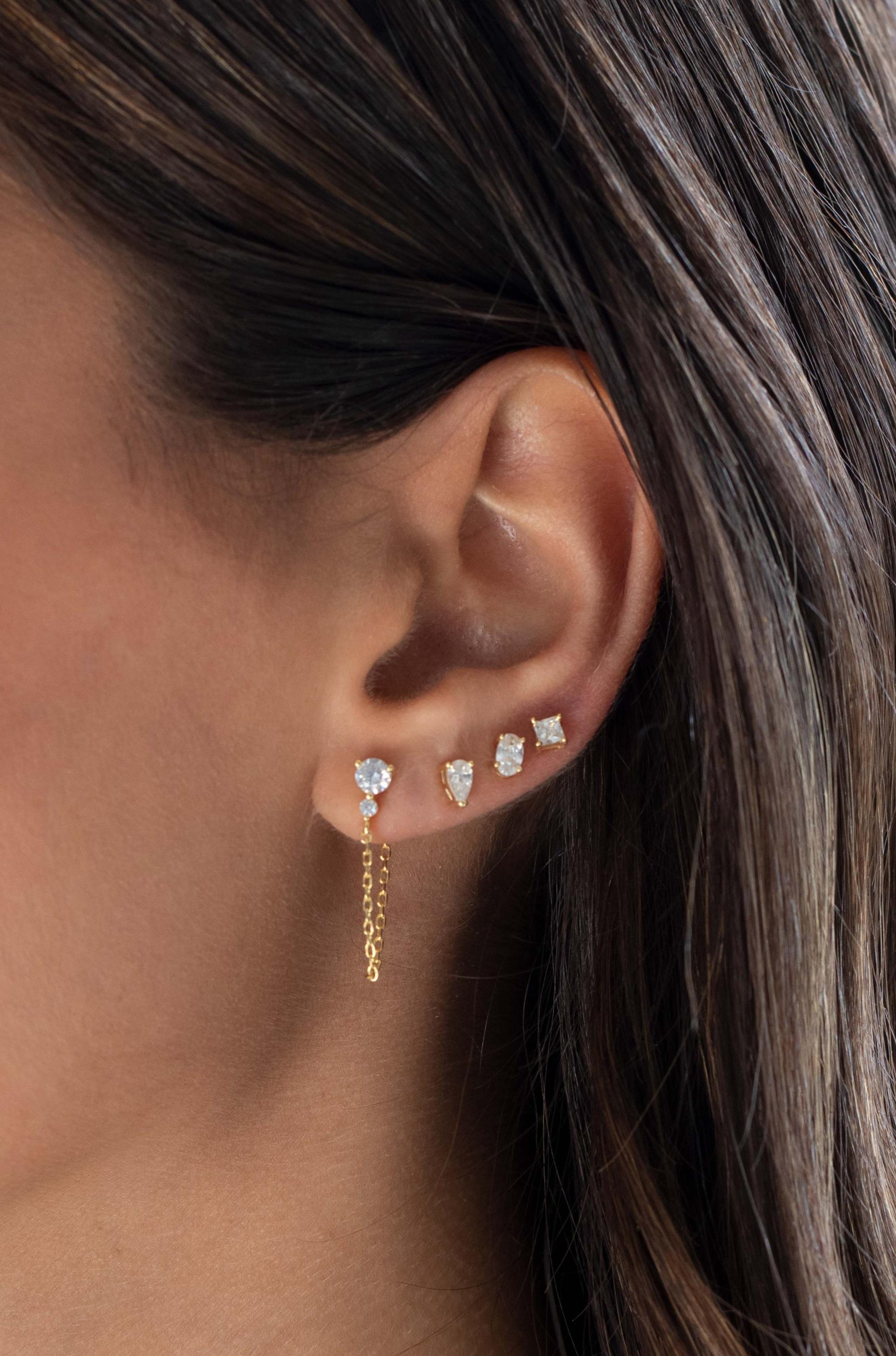 Double CZ Chain Front Back Stud Earring