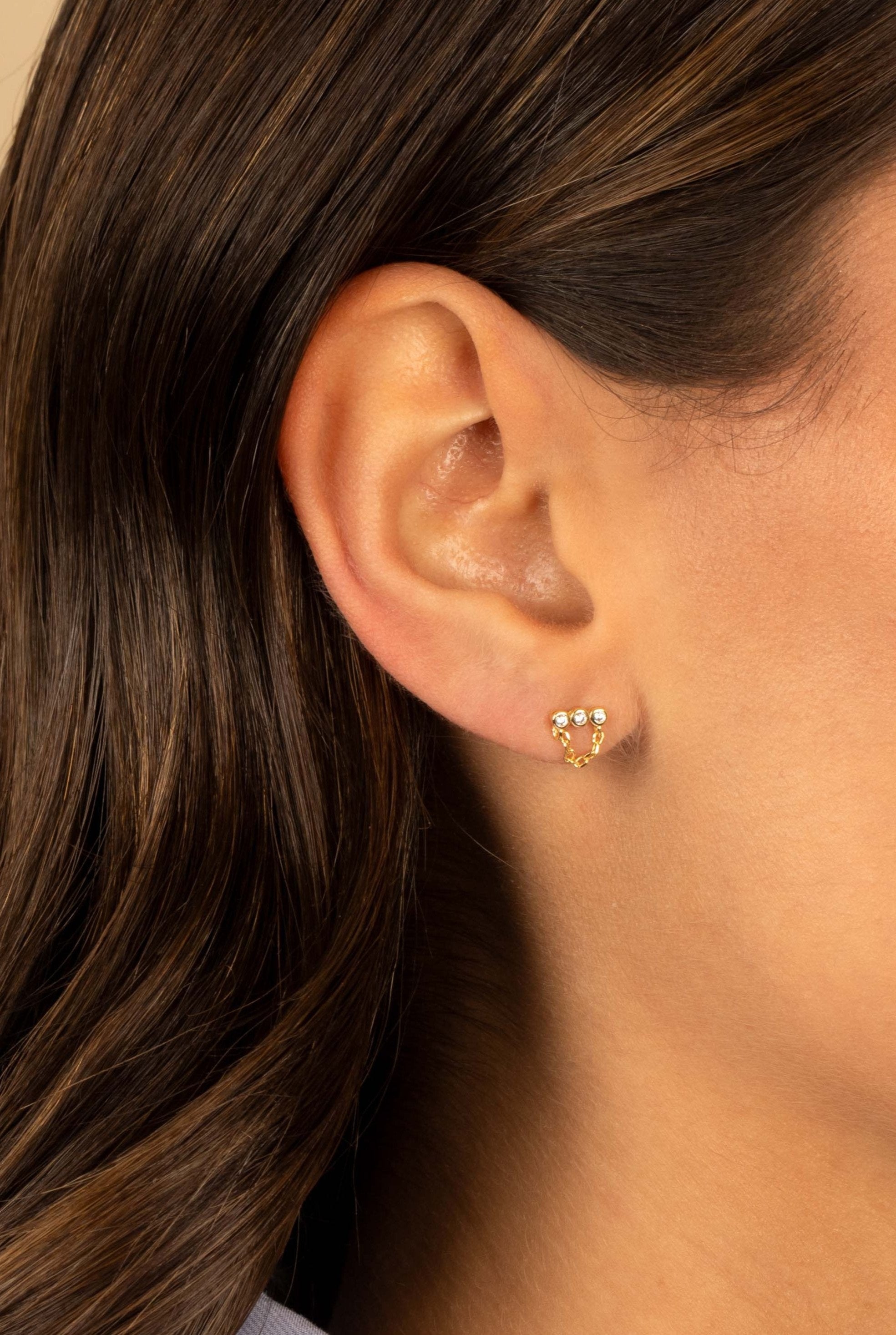 Mini Triple CZ Bezel Bar Drop Chain Stud Earring