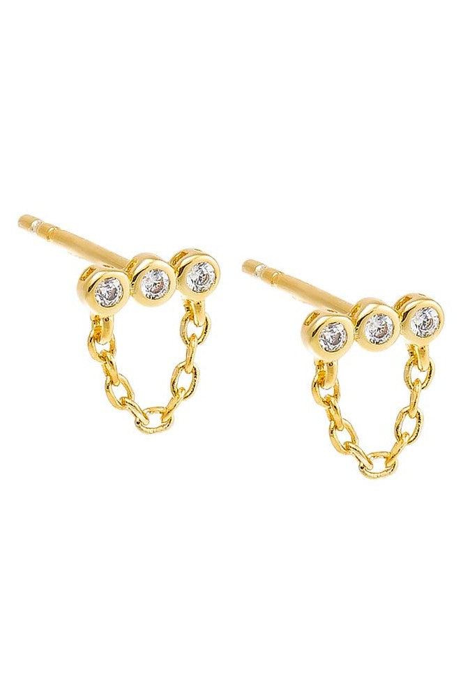 Mini Triple CZ Bezel Bar Drop Chain Stud Earring