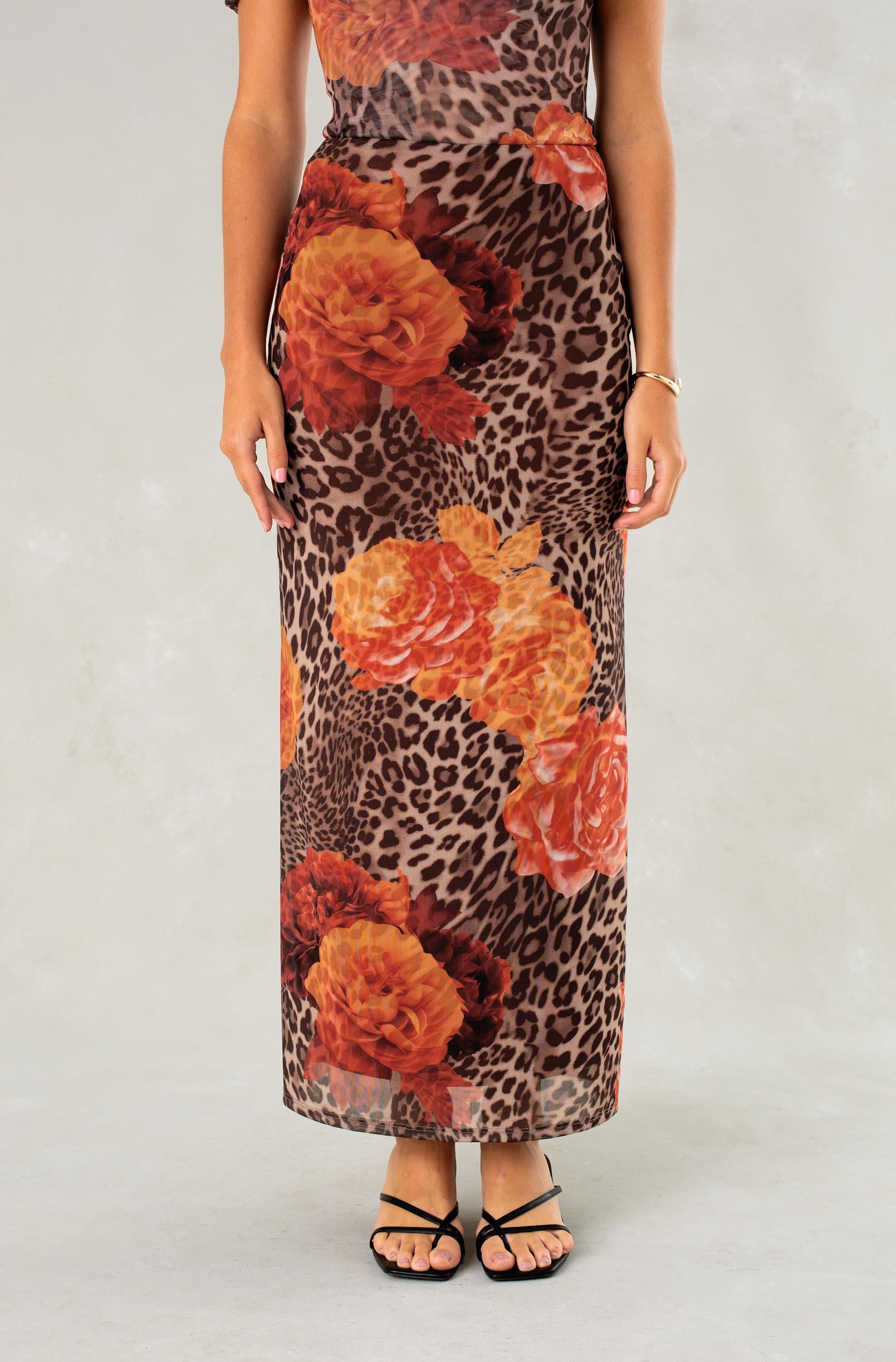 Floral Leopard Midi Skirt