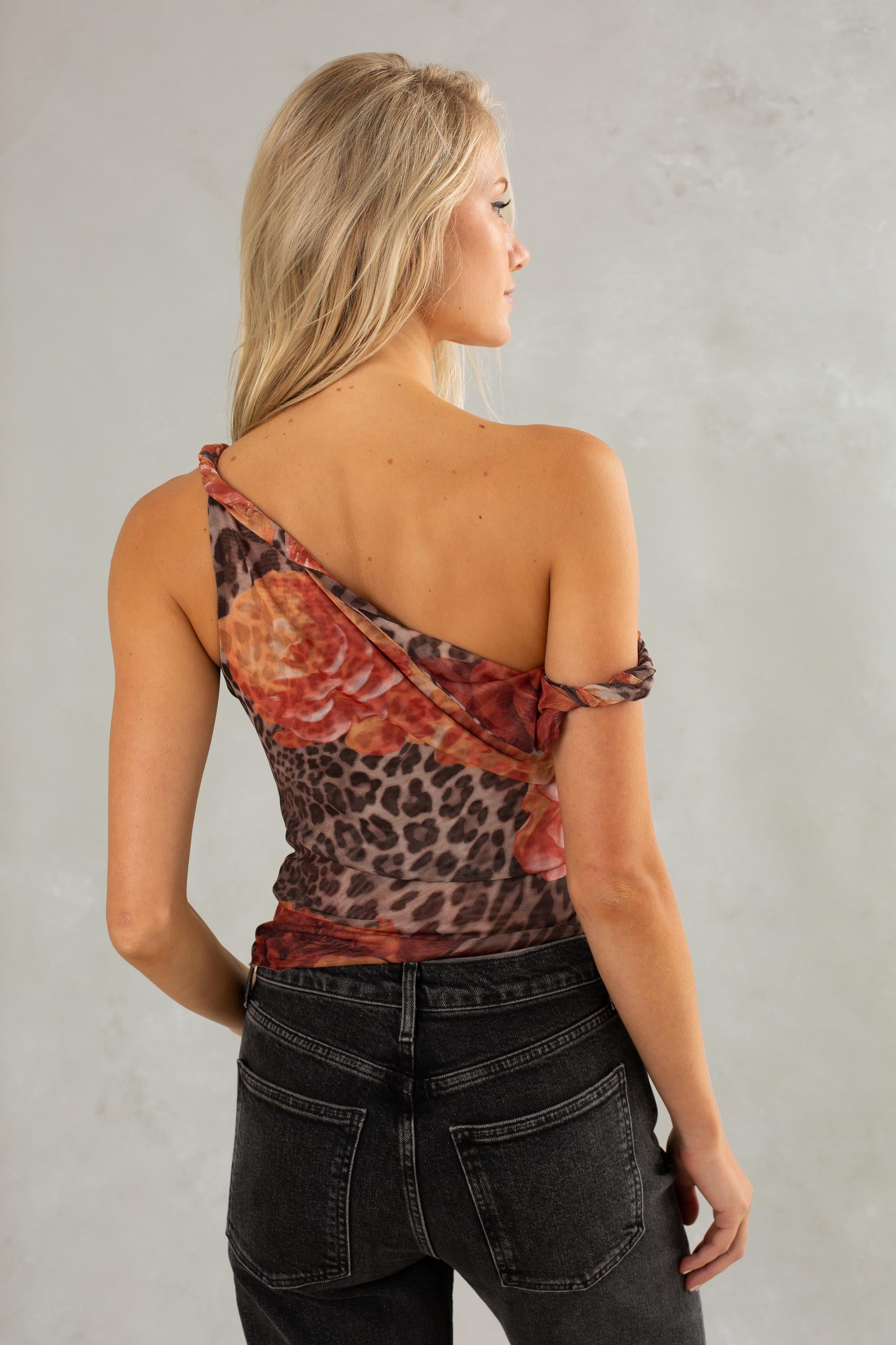 Floral Leopard Asymmetric Sleeveless Top