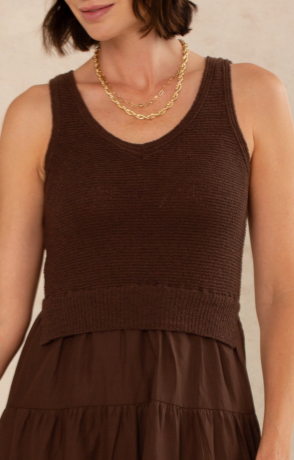 brown mixed media dress Tristan Mixed Media Midi Dress in Brown