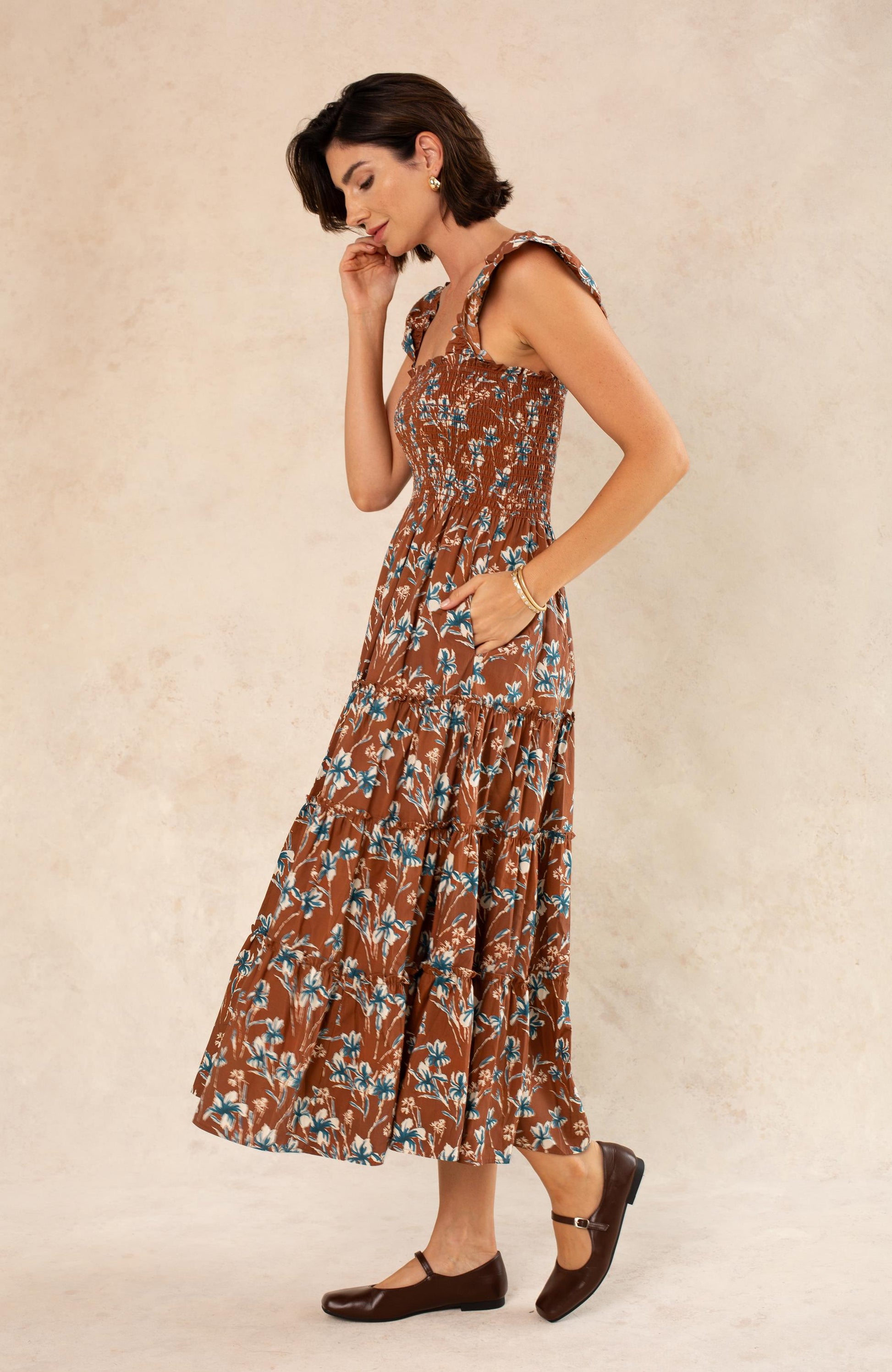 Calypso Smocked Midi Dress Black Floral Sateen Brown Multi / XS Calypso Smocked Midi Dress Black Floral Sateen Brown Multi / XS