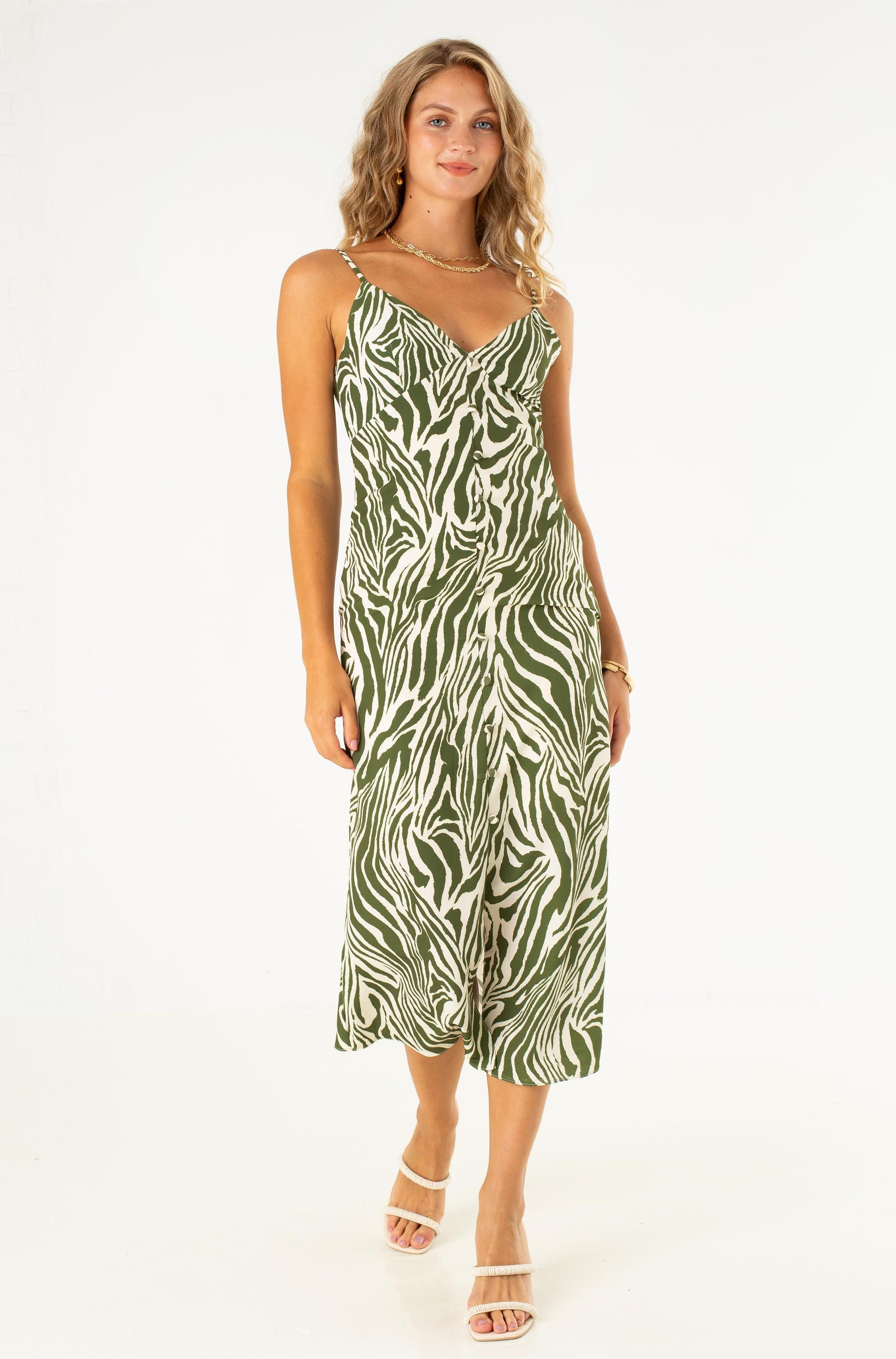 Clara Button Through Midi Dress Olive-Ivory Green Multi / M Clara Button Through Midi Dress Olive-Ivory Green Multi / M