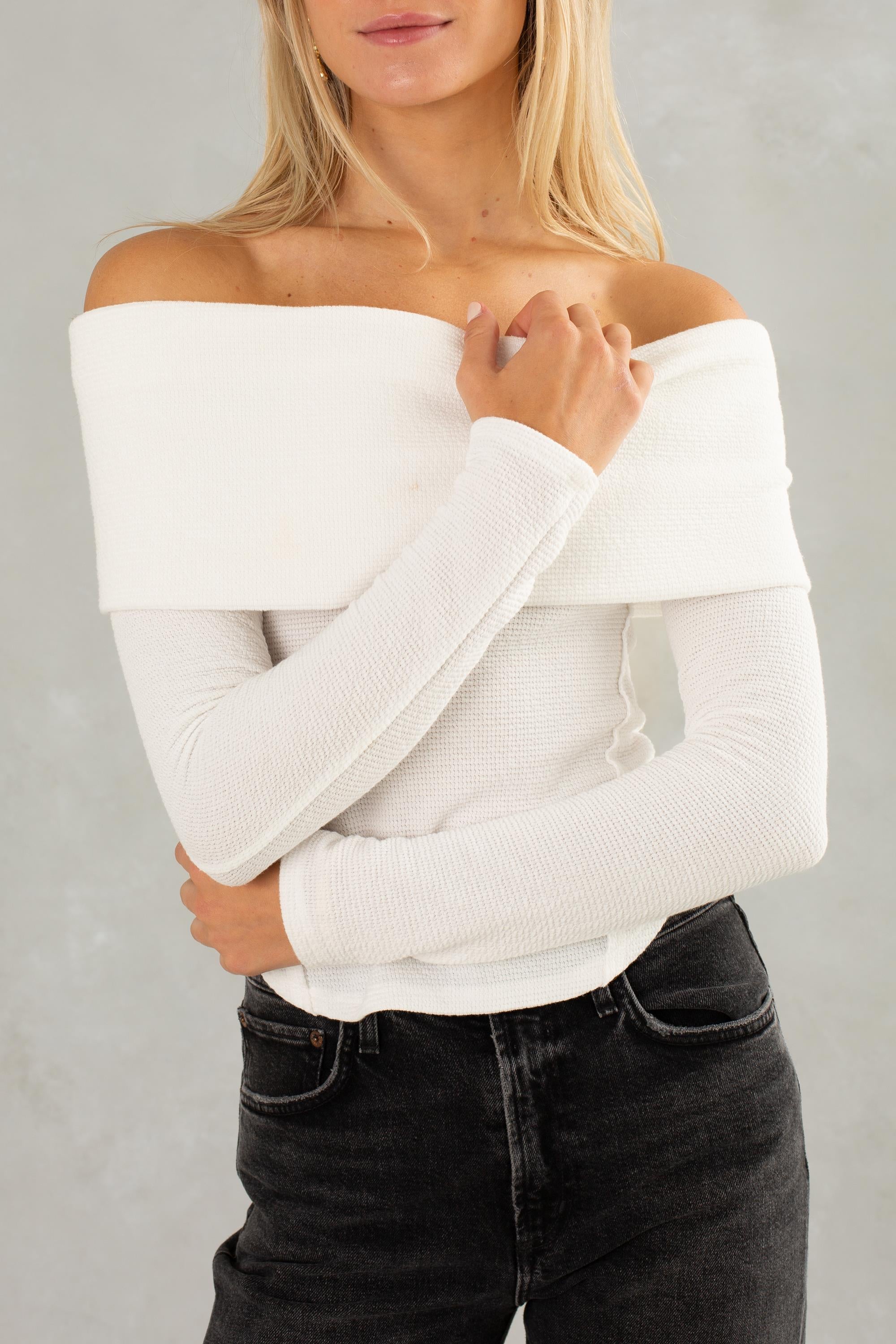 Waffle Knit Off-The-Shoulder Top