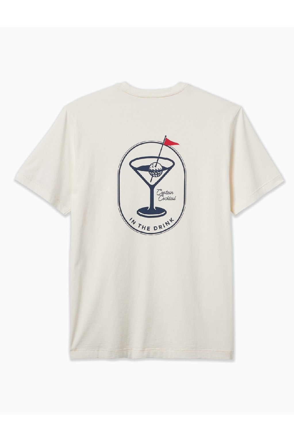 The Toes on the Nose In The Drink Short Sleeve Tee is a cream tee made from Premium Peruvian Cotton with a back graphic of a golf ball in a martini glass, red flag, and “In the Drink” and “Genteal Cocktail” text for Captain Cocktail vibes.