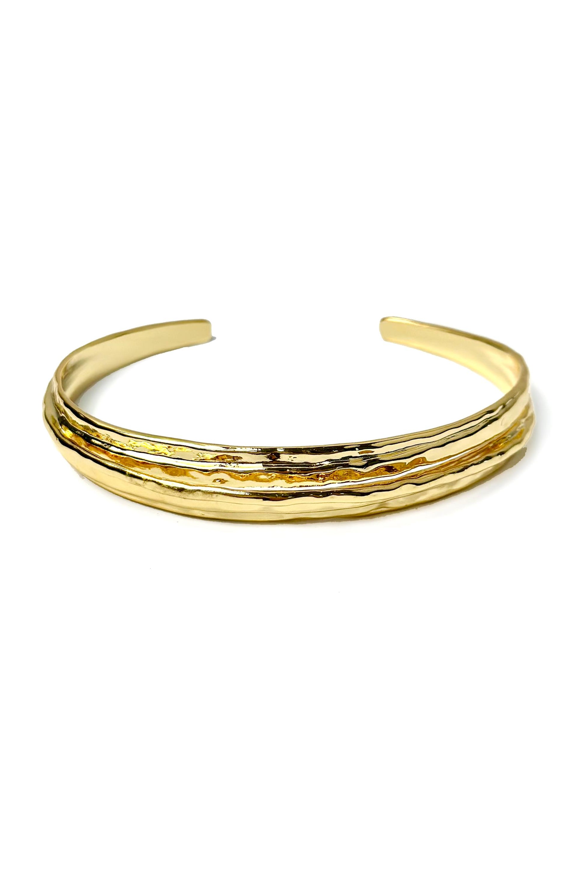 The Crinkle Cuff Brass- Gold by South Moon Under is a gold-plated brass bracelet with a textured finish and open back, shown against a plain white background.