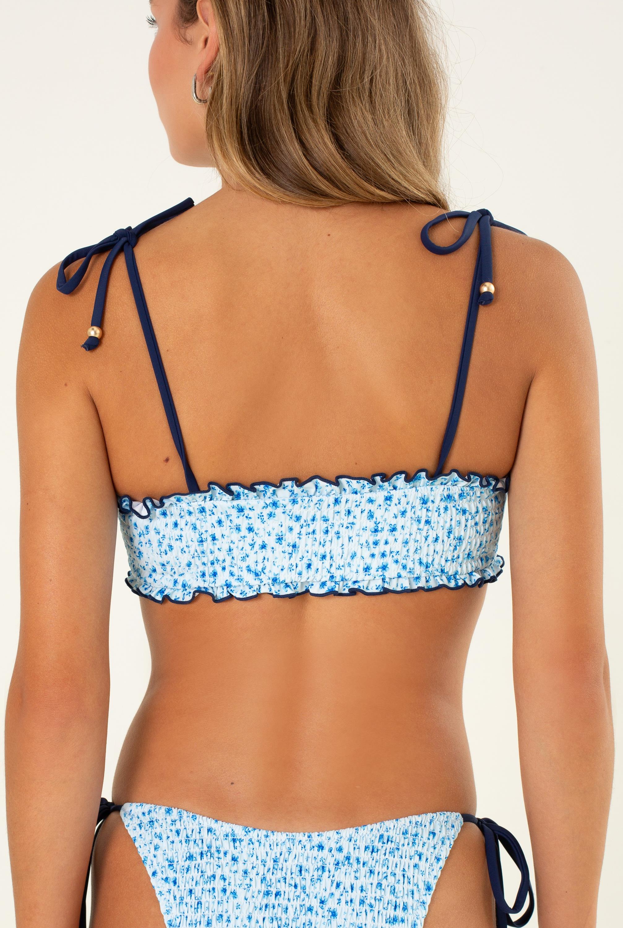 Dream Flower Shirred Crop Tie Bikini Top