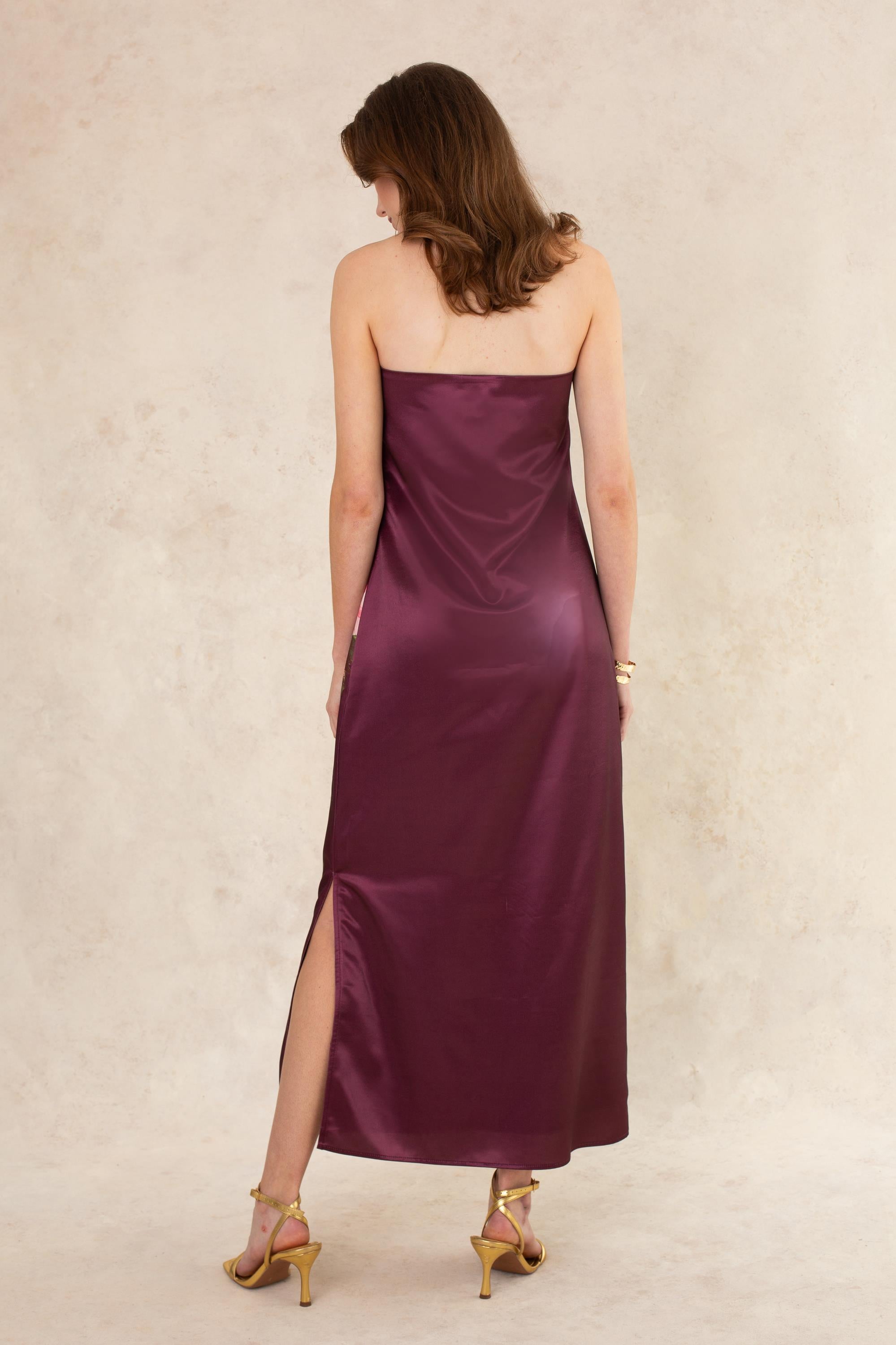 strapless column midi dress Strapless Cuff Floral Satin Midi Dress with Column Skirt & Back Bow