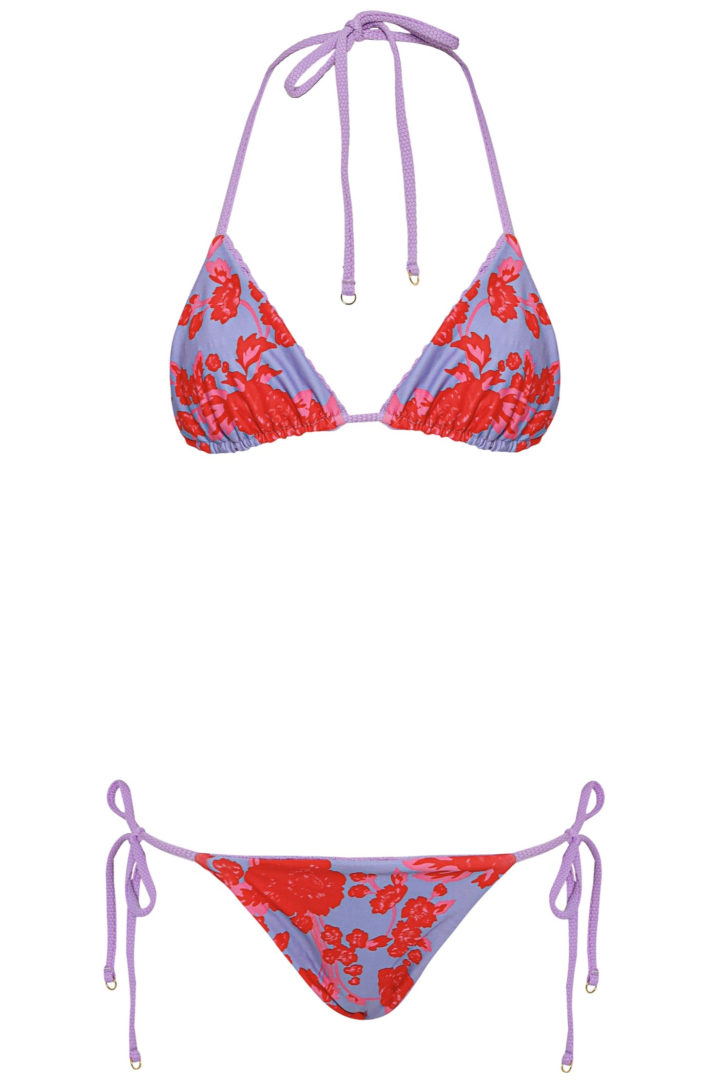 The Maaji Purple Lavender Sunflash Bottom is a two-piece bikini with a purple base, red floral print, and purple string ties on the triangle top and side-tie bottom, shown against a white background.