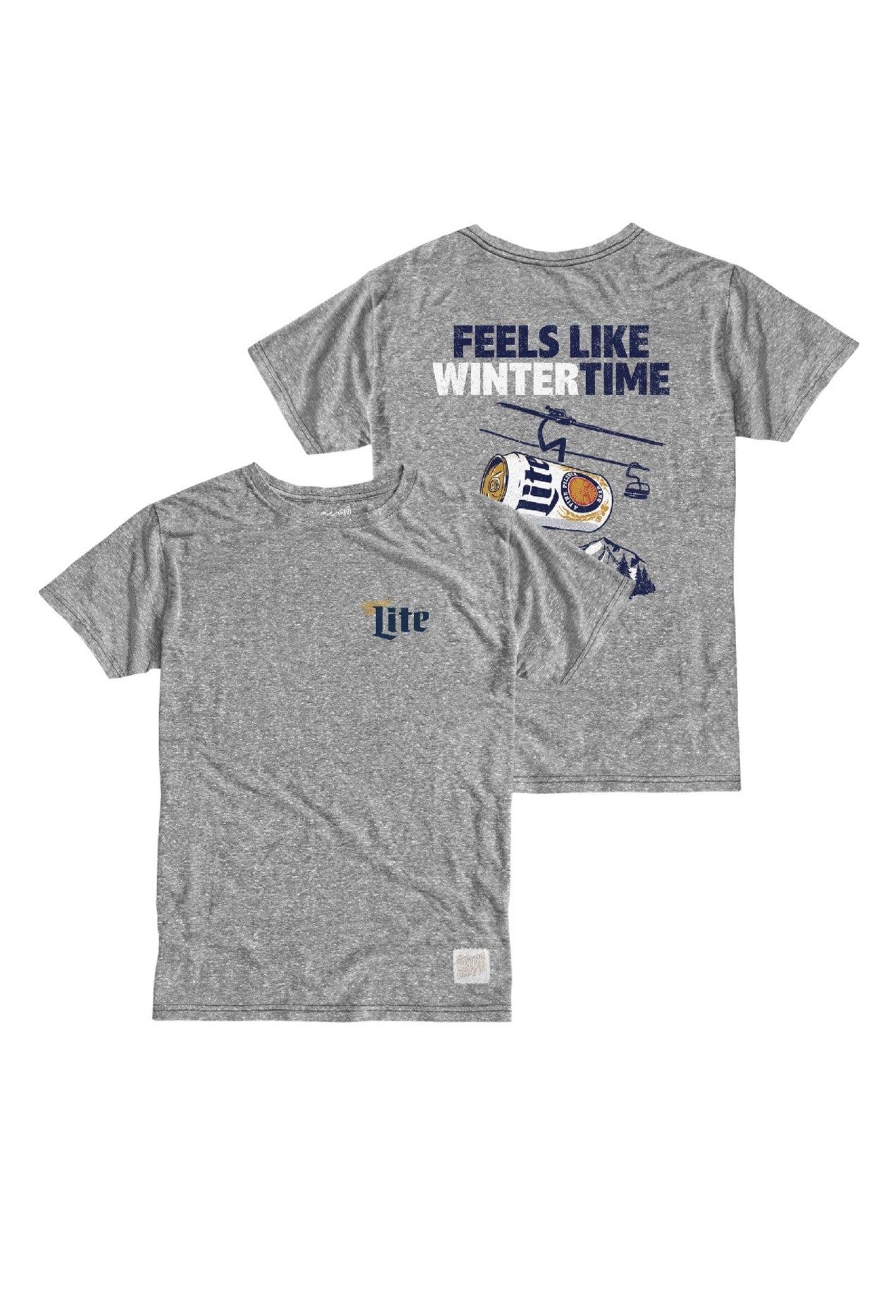 The Feels Like Winter Time tee by Original Retro Brand in heather gray features a small Lite beer logo on the chest and, on the back, a beer can with orange slices, snow, and blue "FEELS LIKE WINTER TIME" text. Shown front and back.