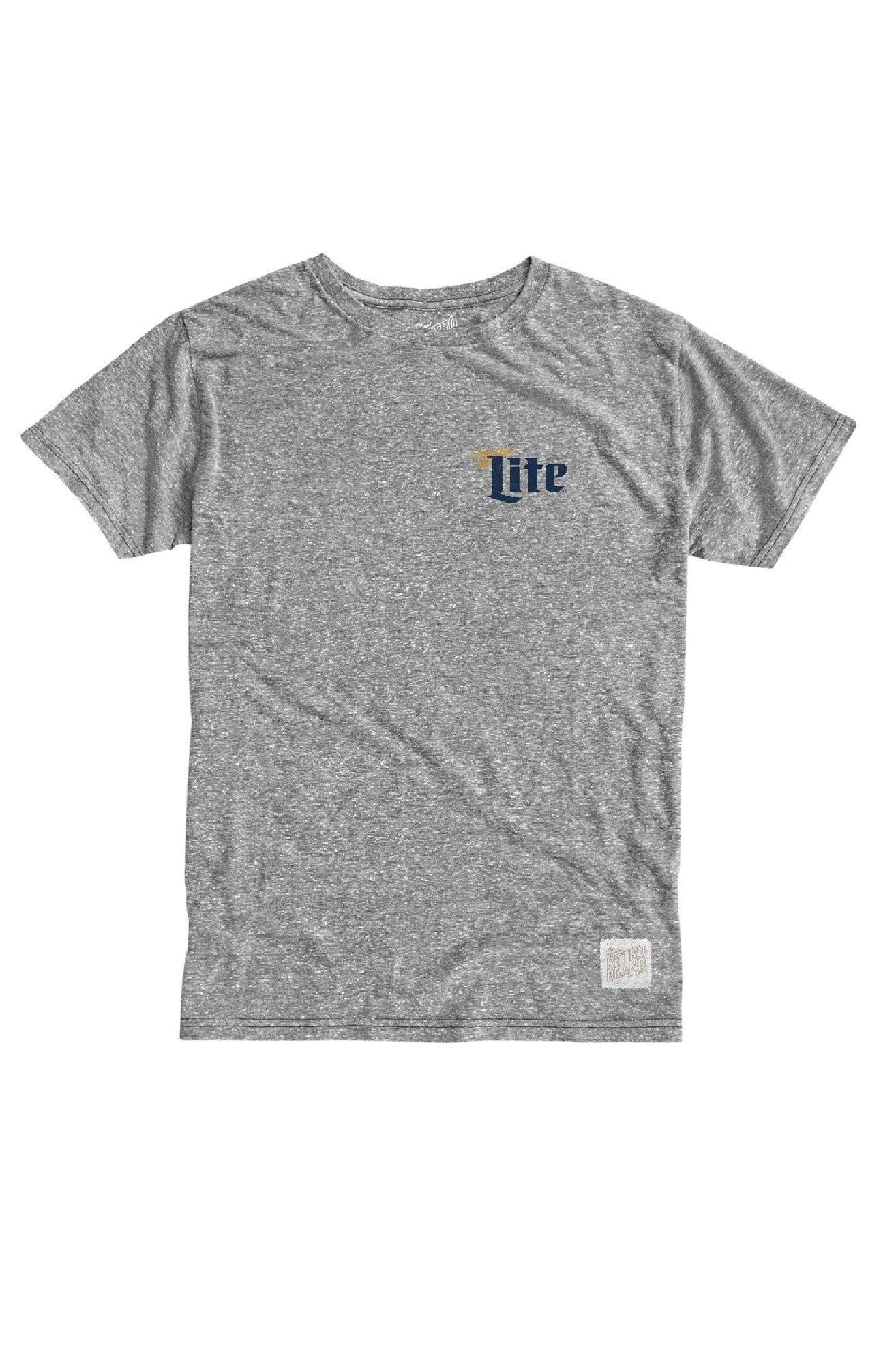 The Original Retro Brand "Feels Like Winter Time" t-shirt is heather gray with "Lite" in blue and gold on the left chest, plus a small white patch near the bottom left hem. Short sleeves complete the look.