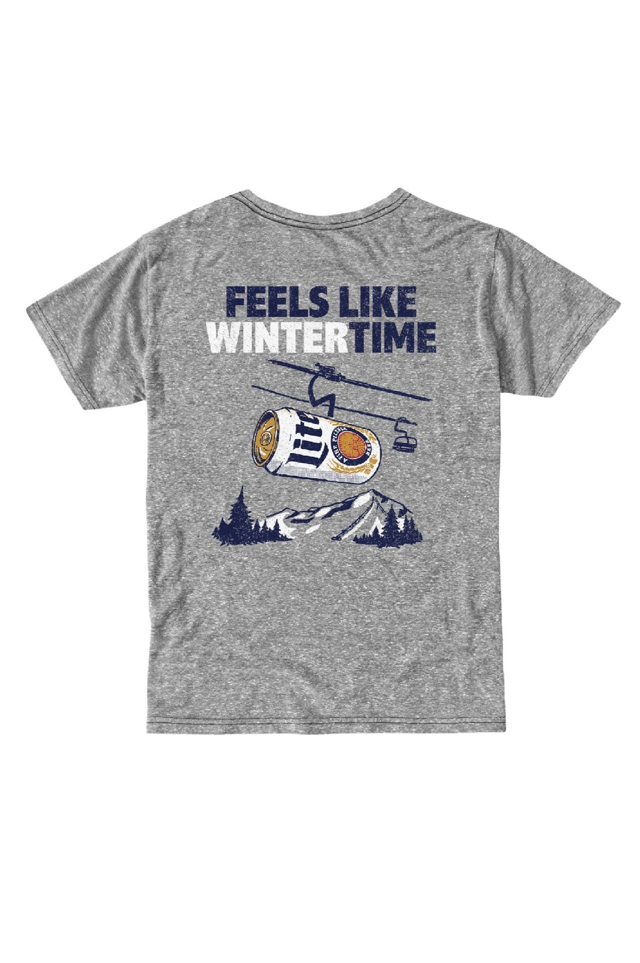 The Original Retro Brand “Feels Like Winter Time” tee features the slogan above a ski lift chair with a Miller Lite can, set against snowy mountains, trees, and a blue sky.
