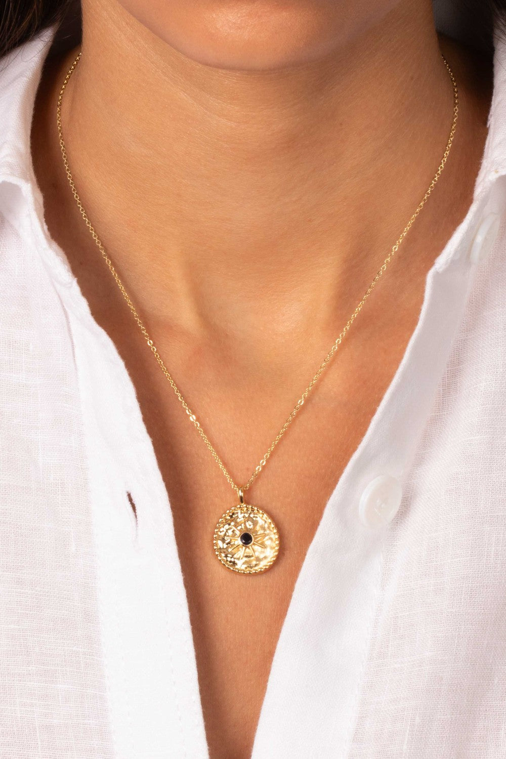 Blue CZ Textured Coin Necklace