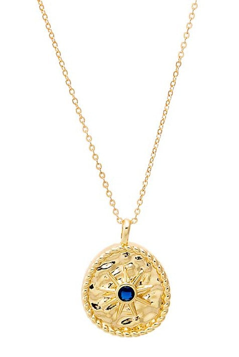 Blue CZ Textured Coin Necklace