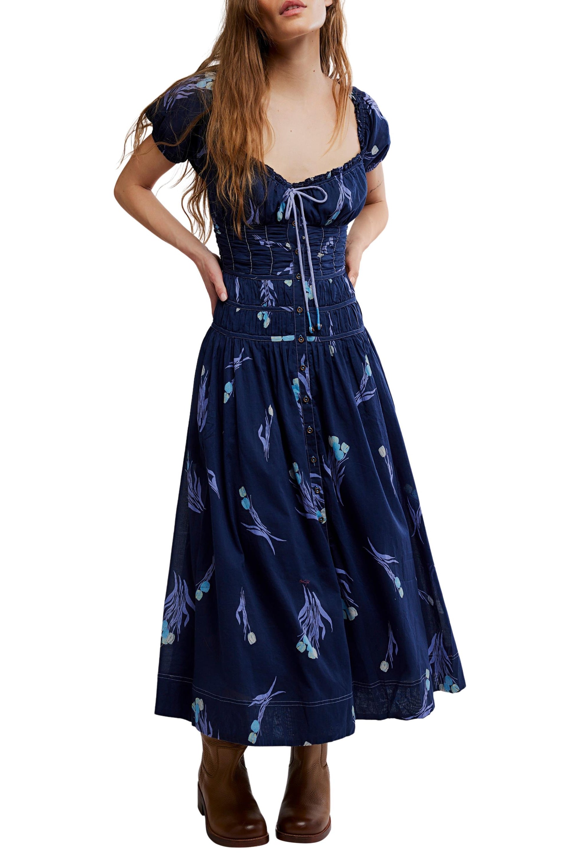 blue short sleeve cinched waist midi dress navy blue floral print short sleeve cinched waist midi dress