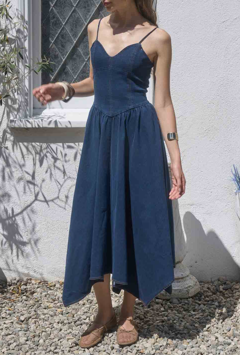 Handkerchief Hem Denim Midi Dress