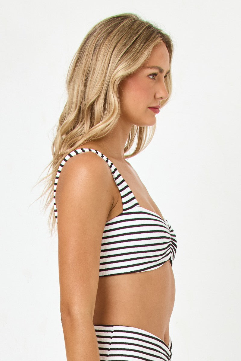 A woman with long blonde hair stands in profile against a plain white background, wearing the L*Space Sail Along Stripe Marlee Top—a bralette-style, black-and-white striped bikini top—paired with matching bottoms.