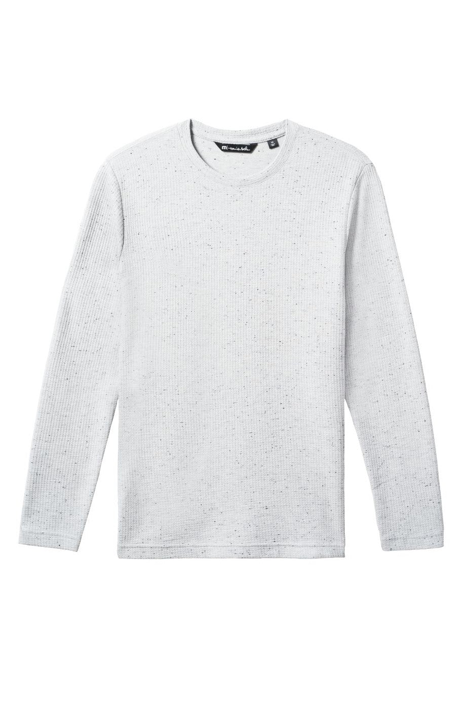 The TravisMathew Cloud Waffle Crew is a light grey, long-sleeve crew neck sweater with a subtle textured pattern, shown laid flat on a white background.
